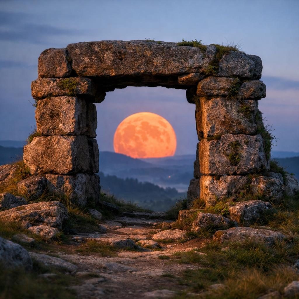 Oranger Vollmond am Steinportal – Symbolbild für Edelsteine und Portaltage im Januar 2026.