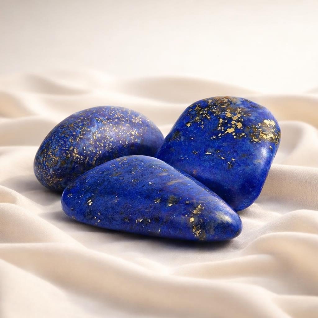 Lapislazuli Trommelsteine auf hellem Stoffhintergrund als Edelstein-Klassiker.