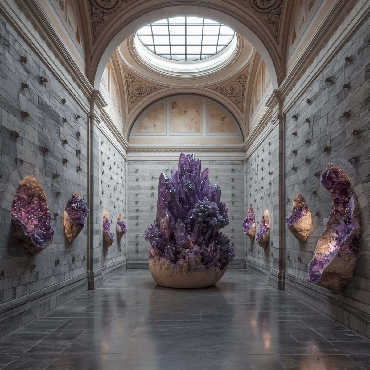 Amethyst Geode in beige-grau-farbener Steinhalle – Symbolbild für Edelstein Museen in Deutschland.