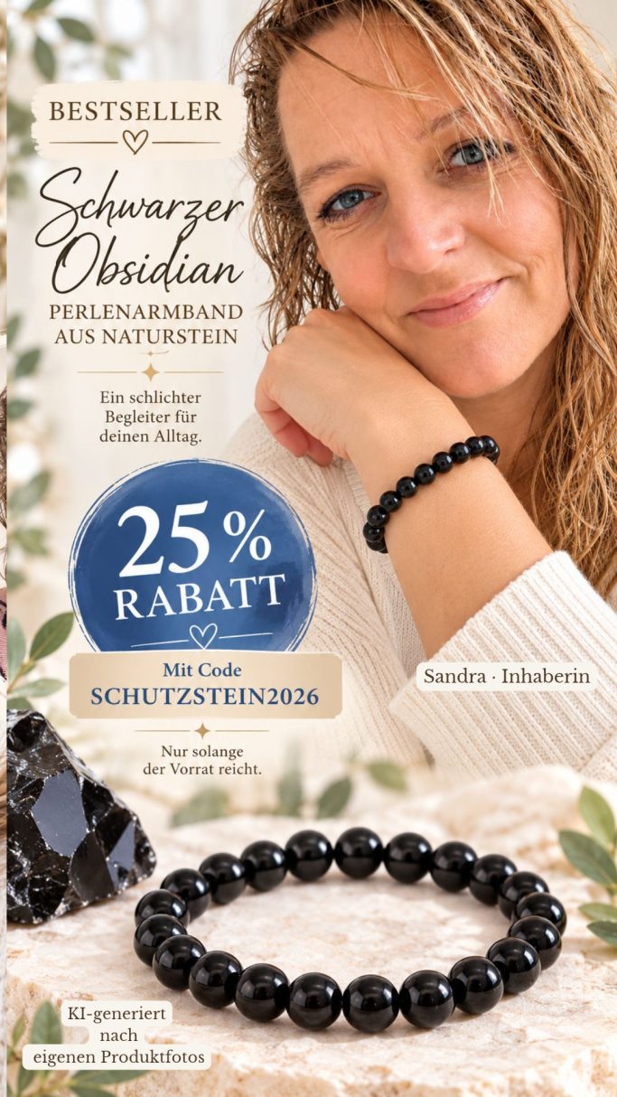 Werbebanner mit glänzendem Obsidian-Perlenarmband, getragen am Handgelenk und als Produktaufnahme, mit 25 % Rabattaktion.