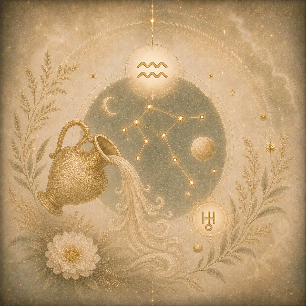 Goldfarbene Wassermanndarstellung mit Sternbild, Mondsymbolen und zarten Pflanzenmotiven auf einem cremefarbenen, kosmischen Hintergrund.