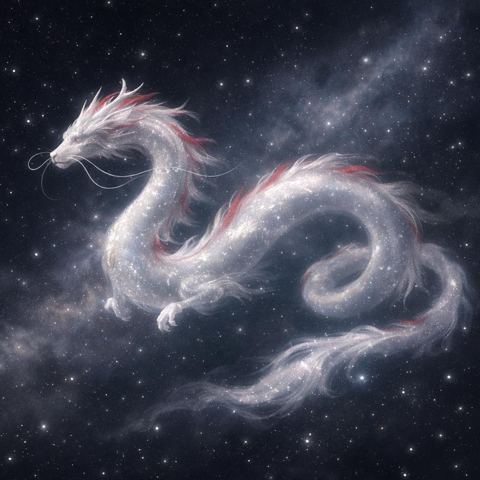 Weißer chinesischer Drache mit roten Strähnen vor dunklem Sternenhimmel – Symbolbild für chinesische Sternzeichen und passende Edelsteine.