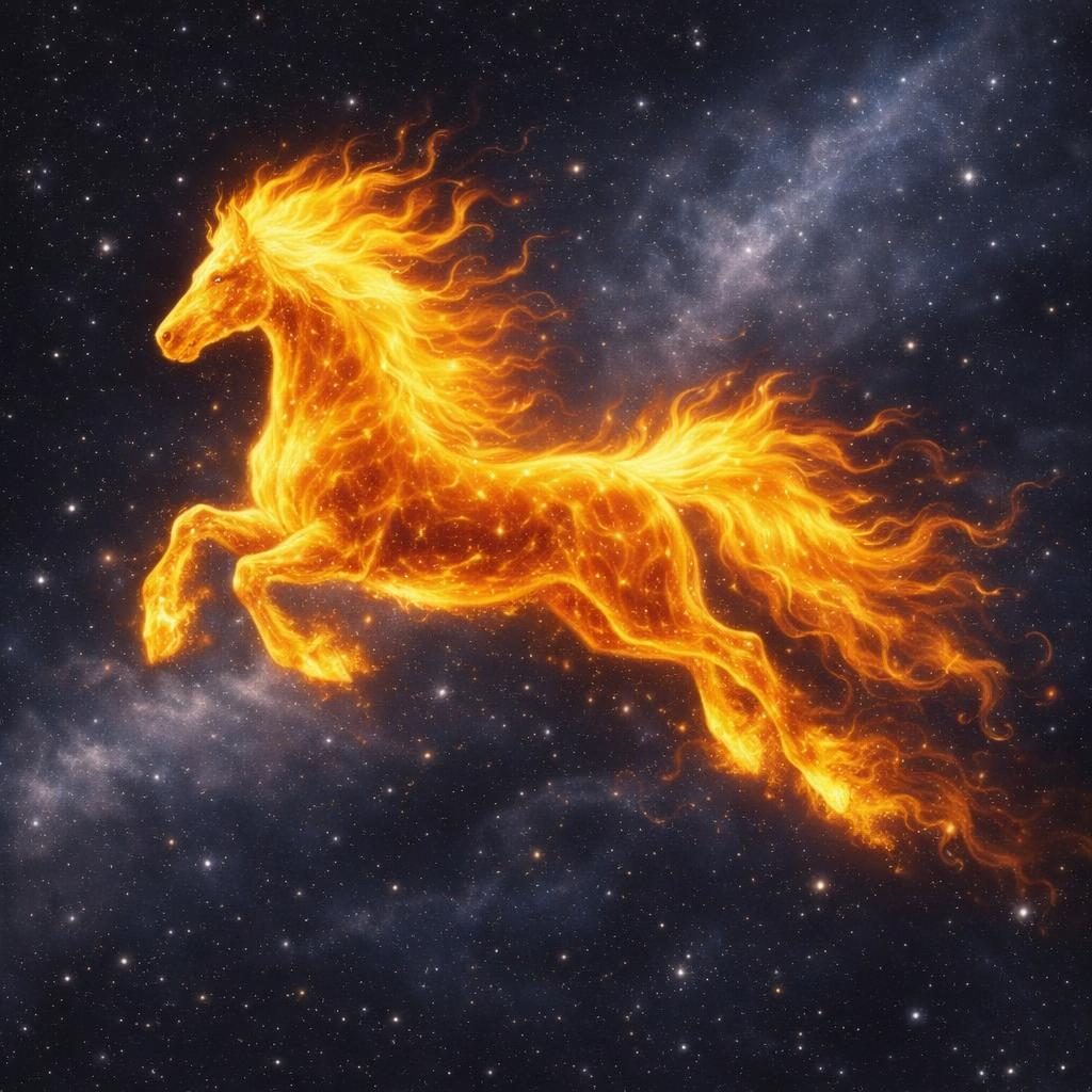 Vorschau auf das Jahr des Feuerpferdes 2026 mit feurigem Pferd am Himmel und Sterne als Symbolbild.