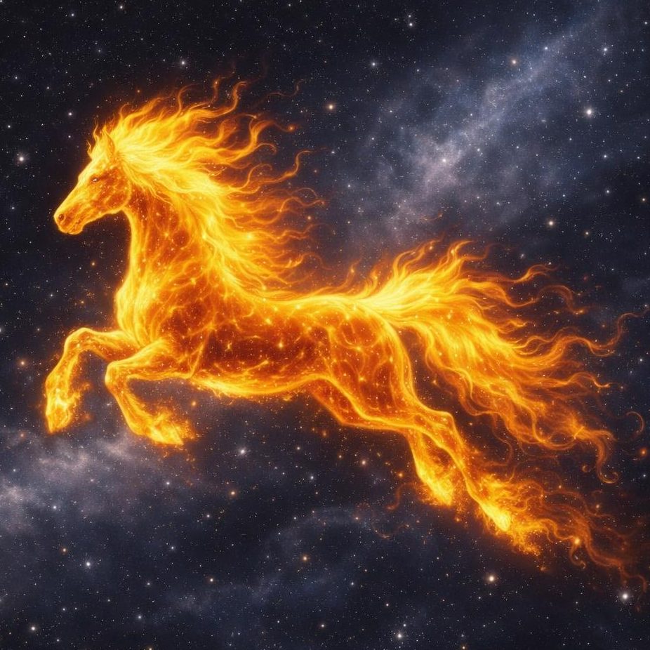 Feuriges Pferd vor einem nächtlichen Sternenhimmel als Symbol für das Jahr des Feuerpferdes 2026 in der chinesischen Astrologie.