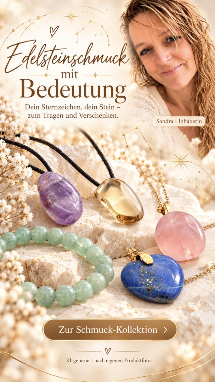 Edelsteinschmuck: farbige Edelstein-Anhänger, grünes Perlenarmband und Sternzeichen-Motive, präsentiert von Sandra.