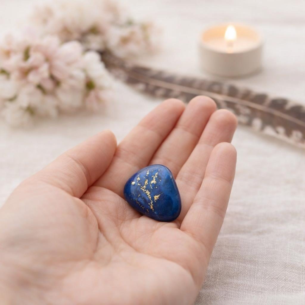 Lapislazuli Trommelstein, tiefblau mit Pyrit in der Hand gehalten – Symbolbild für Portaltage im Jauar 2026.