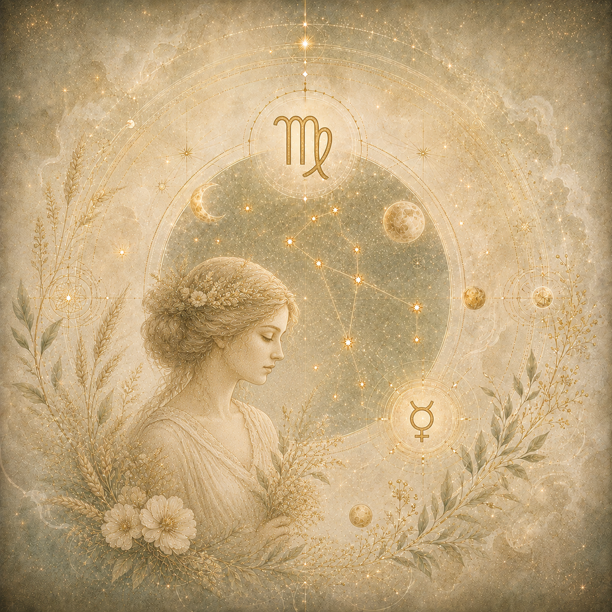 Goldfarbene Jungfraudarstellung mit Sternbild, Mondsymbolen und feinen Pflanzenmotiven auf einem cremefarbenen, kosmischen Hintergrund.