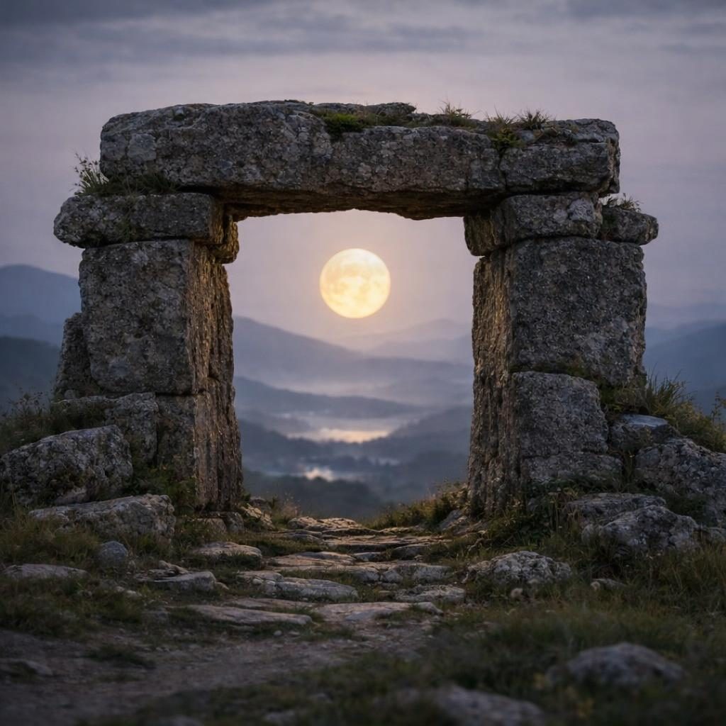 Steinportal mit leuchtender aufgehender Sonne am Horizont als Symbolbild für die Portaltage im August 2026 und passende Edelsteine.