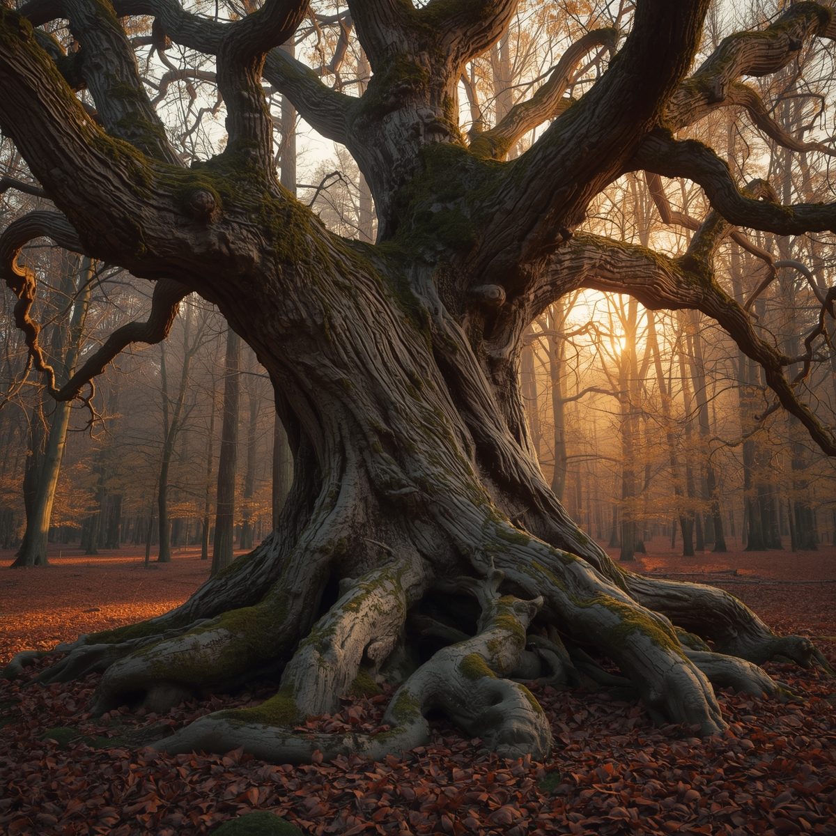 Uralter knorriger Baum im Wald im Sonnenlicht – Symbolbild für die natürliche Seele und passende Schutzsteine.